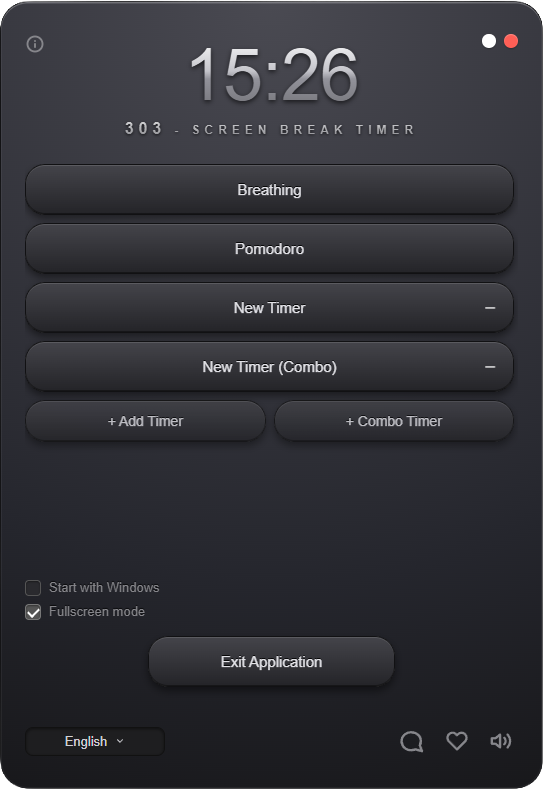 303 Screen Break Timer application interface showing timer settings and break configuration on Windows