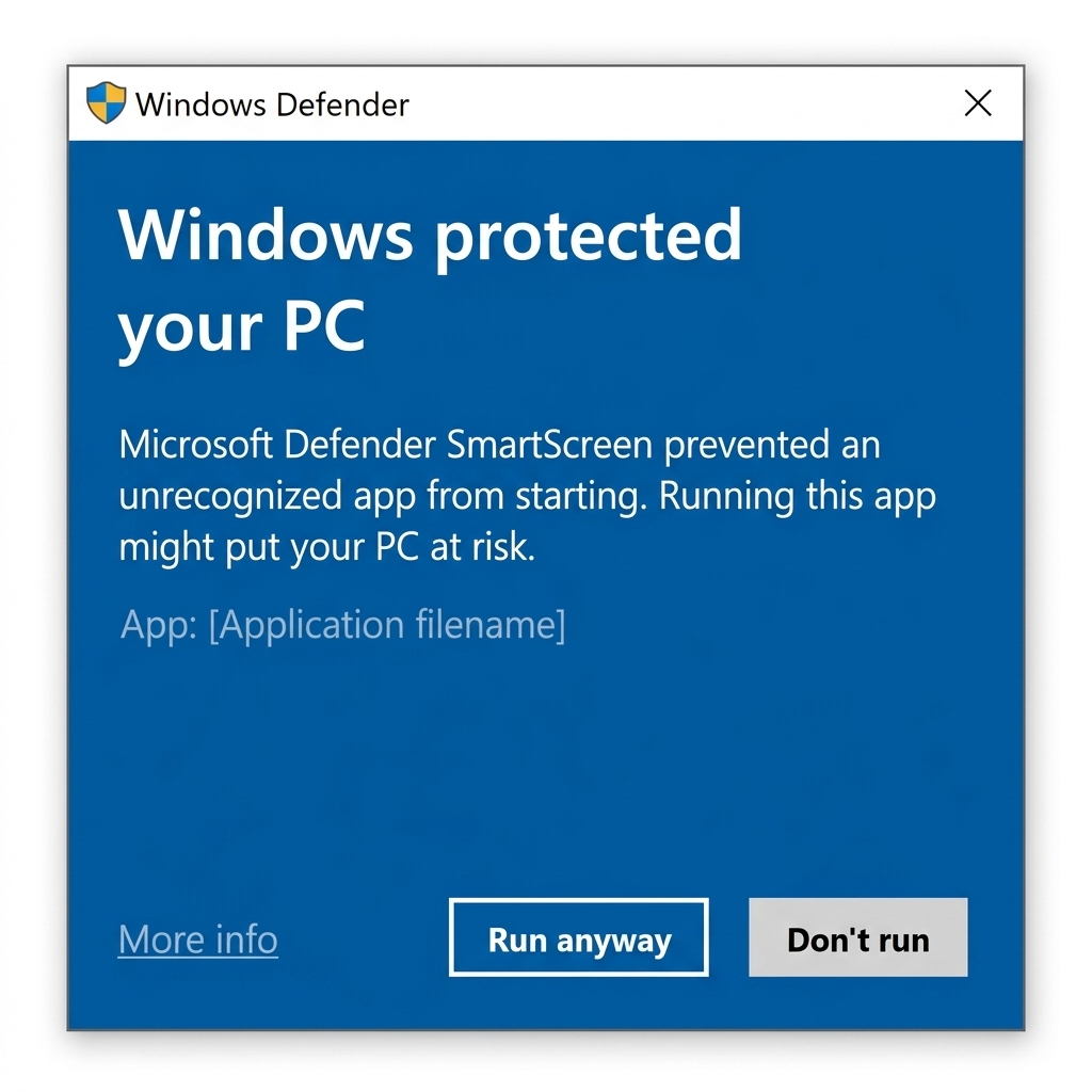 Windows Defender SmartScreen warning dialog showing how to bypass the first-run security prompt